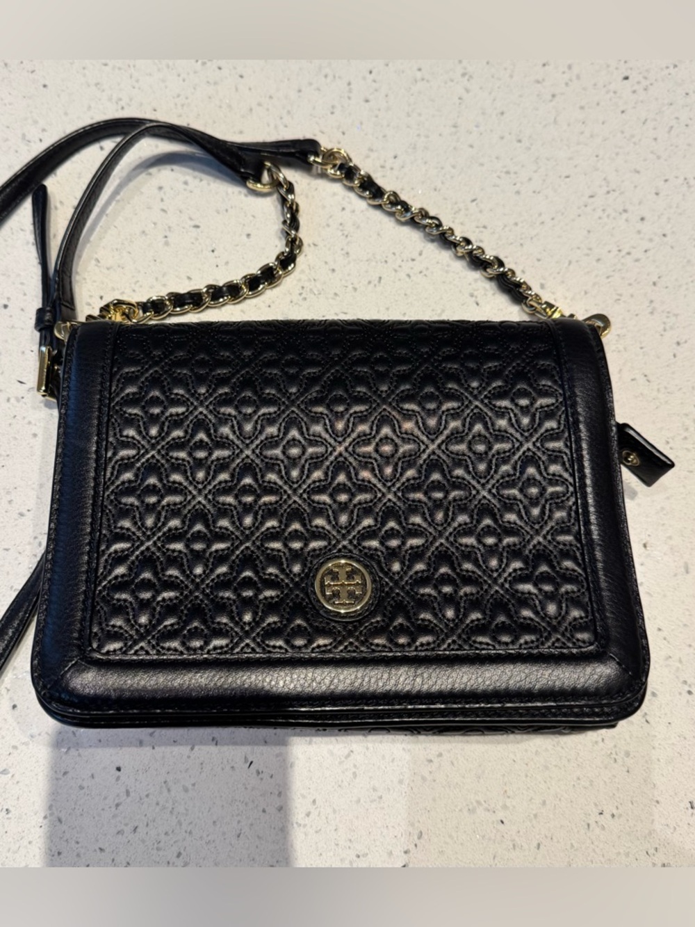 Tory Burch Black Bryant Quilted Leather Crossbody with Gold Chain